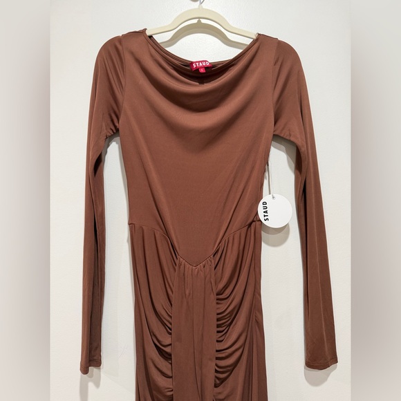NEW STAUD Gres Dress, midi waterfall ruffle ruched brown tiramisu 4/ Small - Picture 8 of 15